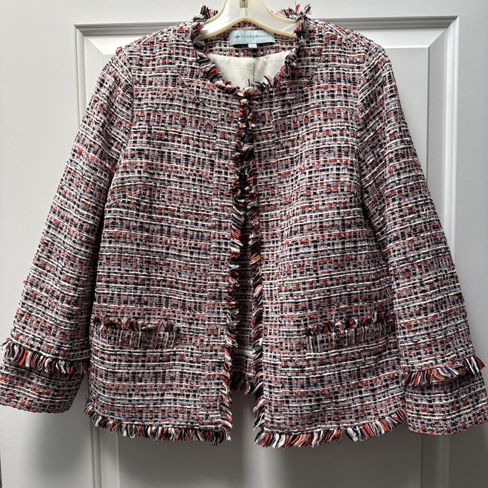 Tuckernuck Tweed Jacket Women's Large Multi‎ Ellsworth Fringe Trim Front Pockets